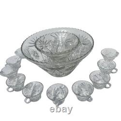 Vintage Pinwheel Starburst Pressed Glass Punch Bowl 12 Cups 14pc Classic Wedding