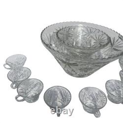 Vintage Pinwheel Starburst Pressed Glass Punch Bowl 12 Cups 14pc Classic Wedding