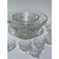 Vintage Pinwheel Starburst Pressed Glass Punch Bowl 12 Cups 14pc Classic Wedding