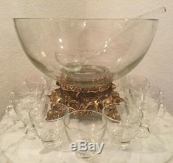 Vintage Pitman-Dreitzer 14 Pieces Crystal Punch Set. Bowl, 11 Cups, Ladle, Stand