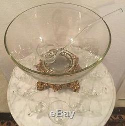 Vintage Pitman-Dreitzer 14 Pieces Crystal Punch Set. Bowl, 11 Cups, Ladle, Stand