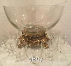 Vintage Pitman-Dreitzer 14 Pieces Crystal Punch Set. Bowl, 11 Cups, Ladle, Stand