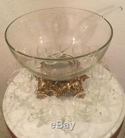 Vintage Pitman-Dreitzer 14 Pieces Crystal Punch Set. Bowl, 11 Cups, Ladle, Stand