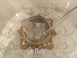 Vintage Pitman-Dreitzer 14 Pieces Crystal Punch Set. Bowl, 11 Cups, Ladle, Stand