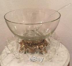 Vintage Pitman-Dreitzer 14 Pieces Crystal Punch Set. Bowl, 11 Cups, Ladle, Stand