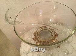 Vintage Pitman-Dreitzer 14 Pieces Crystal Punch Set. Bowl, 11 Cups, Ladle, Stand