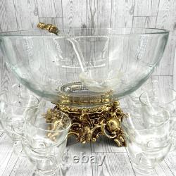 Vintage Pitman-Dreitzer Crystal Punch Set Bowl 12 Cups Gold Toned Stand Ladle