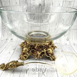 Vintage Pitman-Dreitzer Crystal Punch Set Bowl 12 Cups Gold Toned Stand Ladle