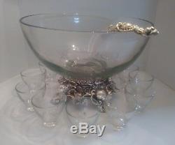 Vintage Pitman-Dreitzer Glass punch bowl, silver base with Cups, hooks and Ladle
