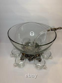 Vintage Pitman Dreitzer glass punch bowl set with silver-plated base and cups