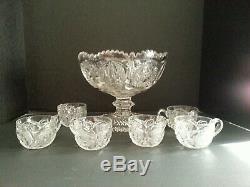 Vintage Pressed Glass Punch Bowl & Cups With Hobstar And Multi Design