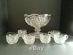 Vintage Pressed Glass Punch Bowl & Cups With Hobstar And Multi Design