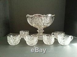 Vintage Pressed Glass Punch Bowl & Cups With Hobstar And Multi Design
