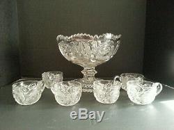 Vintage Pressed Glass Punch Bowl & Cups With Hobstar And Multi Design