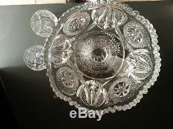 Vintage Pressed Glass Punch Bowl & Cups With Hobstar And Multi Design