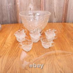 Vintage Punch Bowl & 8 Cups Palm Pattern Clear Glass & Plastic Ladle