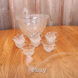 Vintage Punch Bowl & 8 Cups Palm Pattern Clear Glass & Plastic Ladle