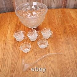 Vintage Punch Bowl & 8 Cups Palm Pattern Clear Glass & Plastic Ladle