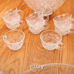 Vintage Punch Bowl & 8 Cups Palm Pattern Clear Glass & Plastic Ladle