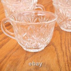 Vintage Punch Bowl & 8 Cups Palm Pattern Clear Glass & Plastic Ladle