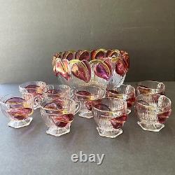 Vintage Punch Bowl & 9 Cups Cranberry Leaves Calla Lilies