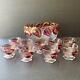 Vintage Punch Bowl & 9 Cups Cranberry Leaves Calla Lilies