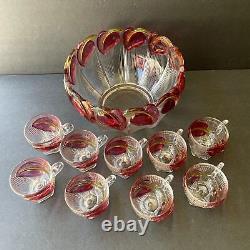 Vintage Punch Bowl & 9 Cups Cranberry Leaves Calla Lilies