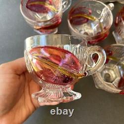 Vintage Punch Bowl & 9 Cups Cranberry Leaves Calla Lilies