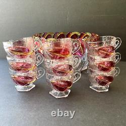 Vintage Punch Bowl & 9 Cups Cranberry Leaves Calla Lilies