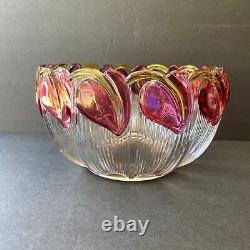 Vintage Punch Bowl & 9 Cups Cranberry Leaves Calla Lilies