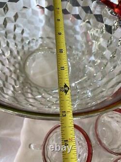 Vintage Punch Bowl Indiana Glass-MCM American Ruby with12 Handled Glasses