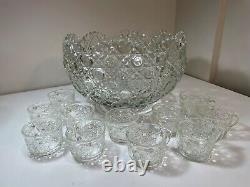 Vintage Punch Bowl Set Clear Glass 11 cups L. E. Smith Daisy Hobstar and Button