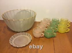 Vintage Punch Bowl Set Frosted Satin Glass 11 Cups Pink Green Yellow Gold Rimmed