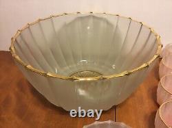Vintage Punch Bowl Set Frosted Satin Glass 11 Cups Pink Green Yellow Gold Rimmed