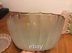 Vintage Punch Bowl Set Frosted Satin Glass 11 Cups Pink Green Yellow Gold Rimmed