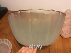 Vintage Punch Bowl Set Frosted Satin Glass 11 Cups Pink Green Yellow Gold Rimmed