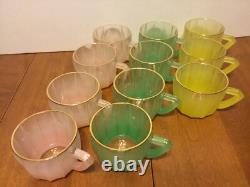 Vintage Punch Bowl Set Frosted Satin Glass 11 Cups Pink Green Yellow Gold Rimmed