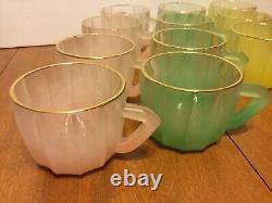 Vintage Punch Bowl Set Frosted Satin Glass 11 Cups Pink Green Yellow Gold Rimmed