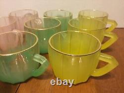 Vintage Punch Bowl Set Frosted Satin Glass 11 Cups Pink Green Yellow Gold Rimmed