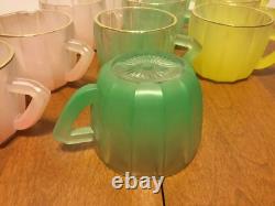 Vintage Punch Bowl Set Frosted Satin Glass 11 Cups Pink Green Yellow Gold Rimmed