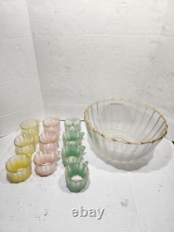 Vintage Punch Bowl Set Frosted Satin Glass 12 Cups Pink Green Yellow Gold Rimmed