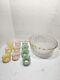 Vintage Punch Bowl Set Frosted Satin Glass 12 Cups Pink Green Yellow Gold Rimmed