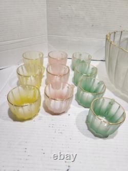 Vintage Punch Bowl Set Frosted Satin Glass 12 Cups Pink Green Yellow Gold Rimmed
