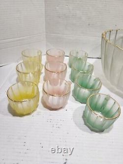 Vintage Punch Bowl Set Frosted Satin Glass 12 Cups Pink Green Yellow Gold Rimmed