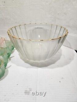 Vintage Punch Bowl Set Frosted Satin Glass 12 Cups Pink Green Yellow Gold Rimmed