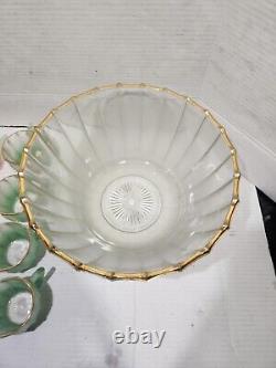 Vintage Punch Bowl Set Frosted Satin Glass 12 Cups Pink Green Yellow Gold Rimmed