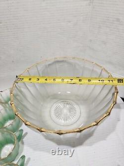 Vintage Punch Bowl Set Frosted Satin Glass 12 Cups Pink Green Yellow Gold Rimmed