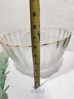 Vintage Punch Bowl Set Frosted Satin Glass 12 Cups Pink Green Yellow Gold Rimmed