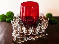 Vintage Punch Bowl Set Ruby Red Blown Glass 12 Glasses Ladle And Stirring Stick