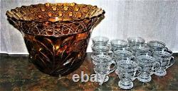Vintage RARE Cambrige Marigold Wild Rose Glass Punch Bowl Set